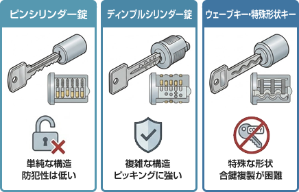鍵の種類と特徴：ピンシリンダー錠、ディンプルシリンダー錠、ウェーブキー・特殊形状キー