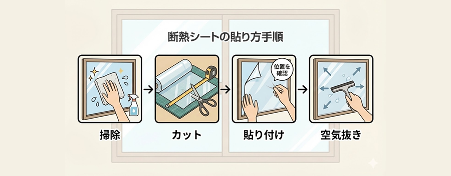 断熱シートの貼り方手順：ガラス掃除→シートカット→貼り付け→空気抜き