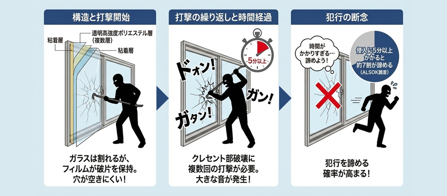 構造と打撃開始→打撃の繰り返しと時間経過（5分以上）→犯行の断念