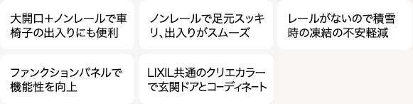 大開口＋ノンレールで車椅子の出入りにも便利 ノンレールで足元スッキリ、出入りがスムーズ レールがないので積雪時の凍結の不安軽減 ファンクションパネルで機能性を向上 LIXIL共通のクリエカラーで玄関ドアとコーディネート
