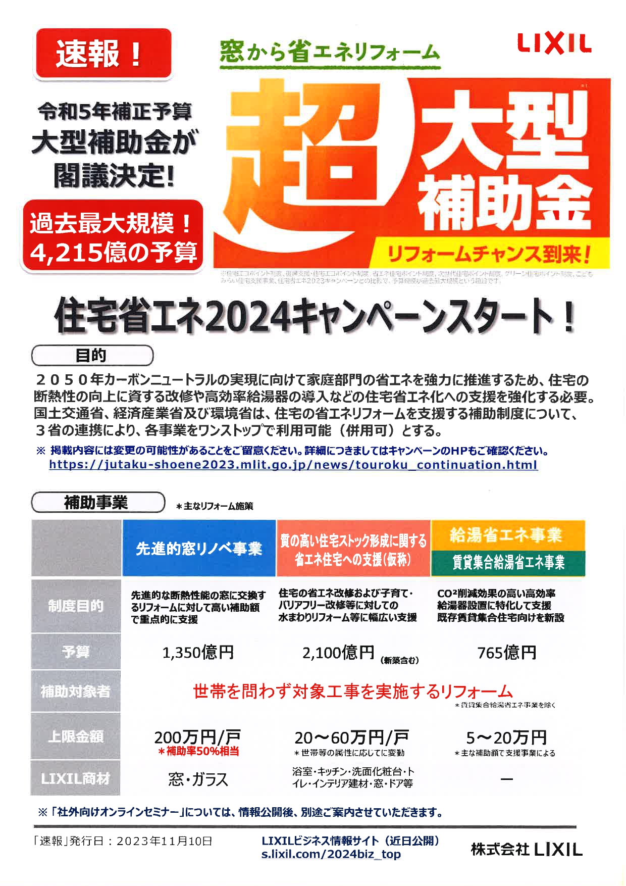 速報‼　令和5年補正予算大型補助金が閣議決定！過去最大規模！4215億の予算　【超大型補助金】 イソベトーヨー住器のイベントキャンペーン 写真1