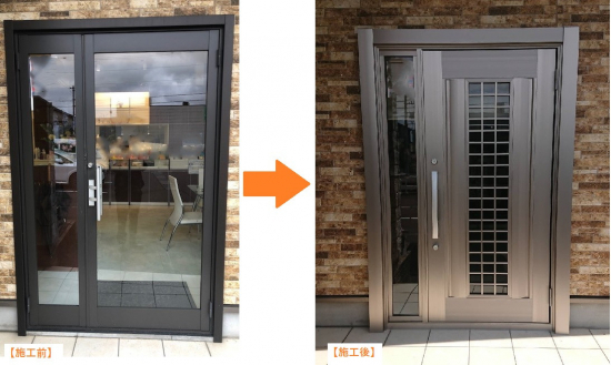 TERAMOTOの【玄関施工例】ガラスの入口ドアをリシェント玄関ドアでアルミ格子ドアに取替しました。施工事例写真1