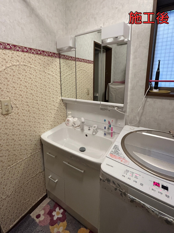 桶庄トーヨー住器の千葉県|白子町|収納たくさんの洗面台!水栓レバーハンドル1つで水とお湯の切替できます♪の施工後の写真1