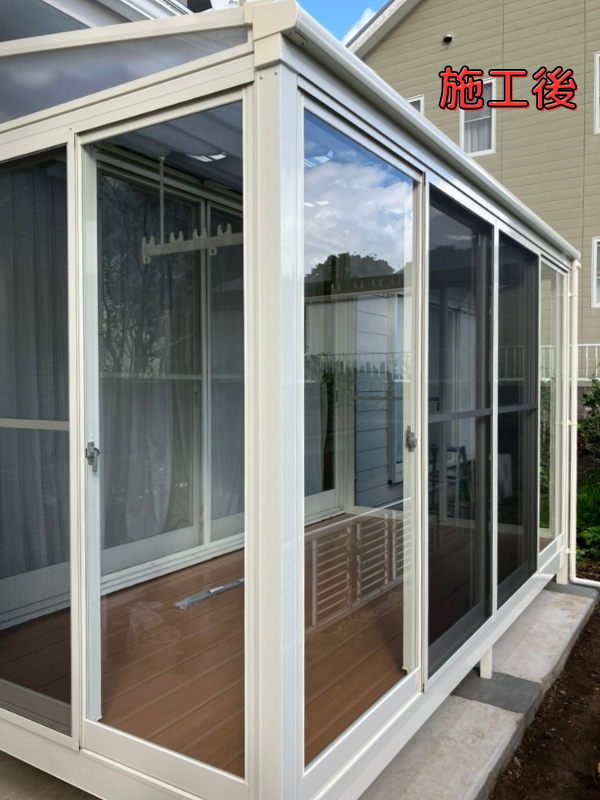 桶庄トーヨー住器の千葉県｜勝浦市｜サンルームのデッキ劣化・窓のサビを解消！LIXILサニージュで快適空間にリフォームの施工後の写真1