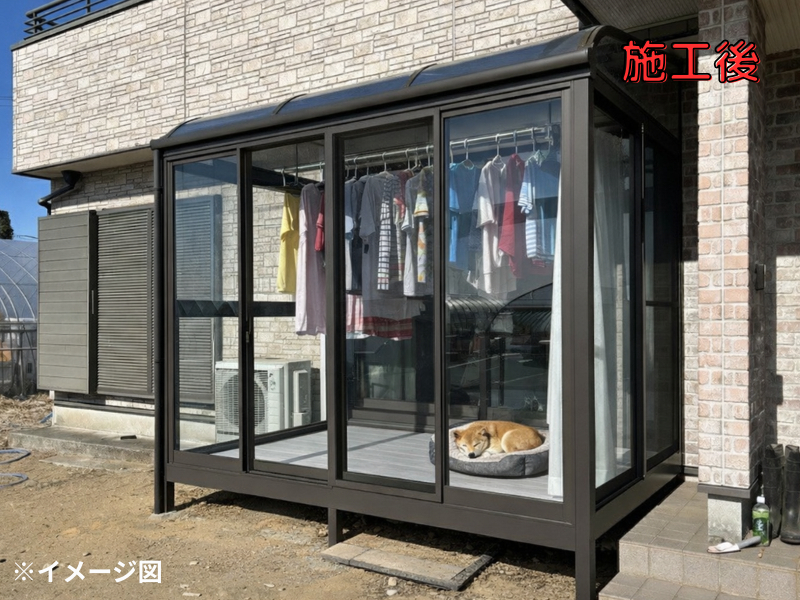 桶庄トーヨー住器の千葉県｜一宮町｜ビニールハウスへの往復はもう卒業！サンルーム「サニージュ」で家事動線を劇的に改善の施工後の写真1