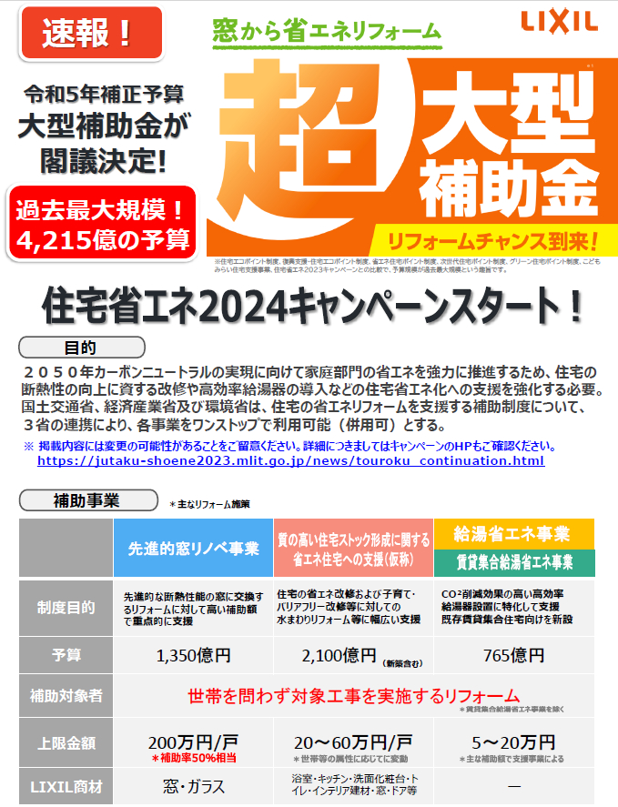 🔥【お知らせ】緊急速報！2024年超大型補助金が閣議決定されました🔥 ヤシオトーヨー住器のイベントキャンペーン 写真1