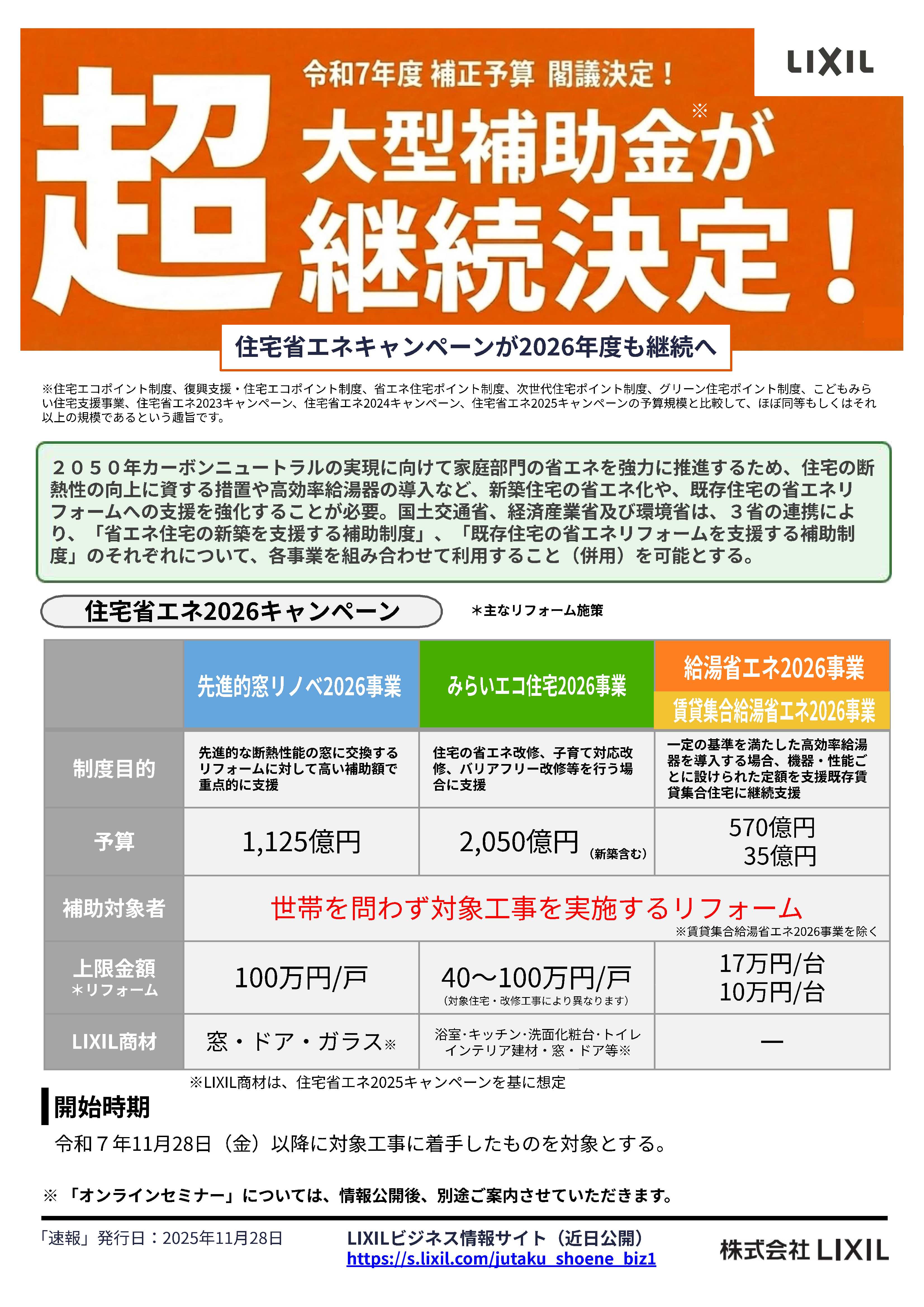 速報！「住宅省エネ2026キャンペーン」閣議決定！11月28日以降の工事も対象？ 海老名トーヨー住器のブログ 写真1