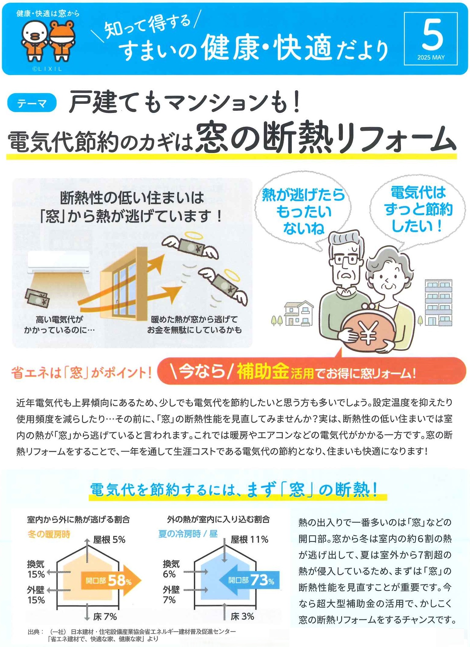 🐥すまいの健康・快適だより 5月号 🐸 戸建てもマンションも!電気代節約のカギは窓の断熱リフォーム 県南サッシトーヨー住器のブログ 写真1