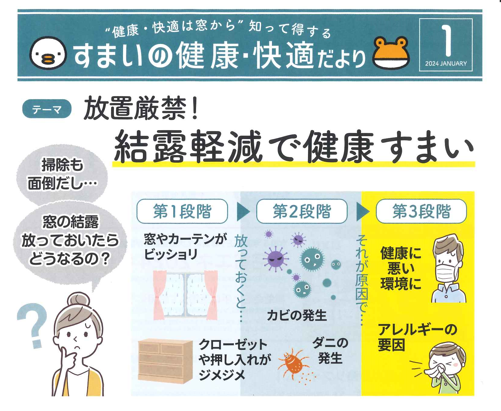 2024．1月号　🐥すまいの健康・快適だより🐸　放置厳禁！　結露軽減で健康すまい 県南サッシトーヨー住器のブログ 写真1