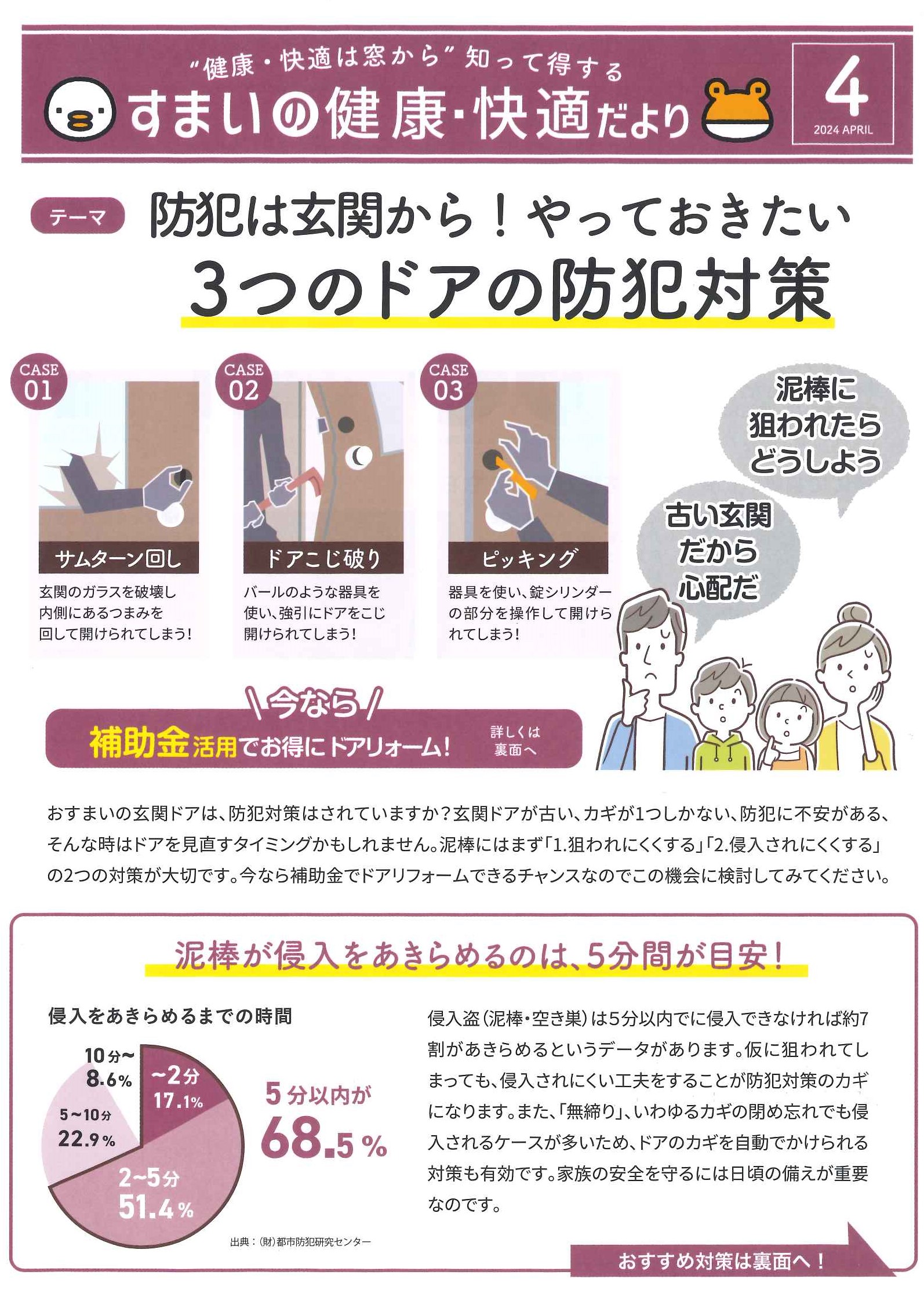 2024．4月号　🐥すまいの健康・快適だより🐸　防犯は玄関から！やっておきたい3つのドアの防犯対策 県南サッシトーヨー住器のブログ 写真1