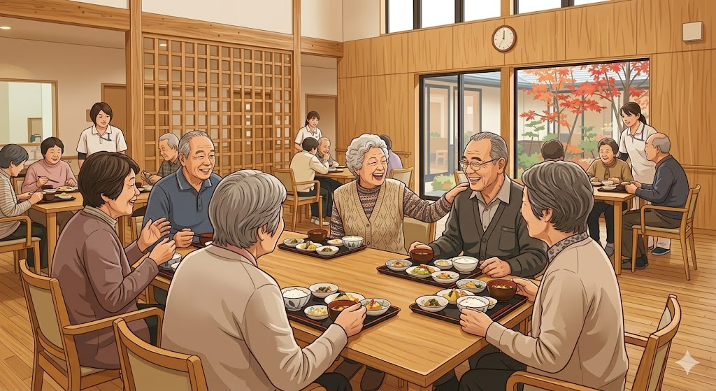 小島サッシトーヨー住器の「見守り」と「安心」を木のぬくもりで繋ぐ。老人ホームのキッチンに施したオーダーメイドの格子壁。の施工事例詳細写真1