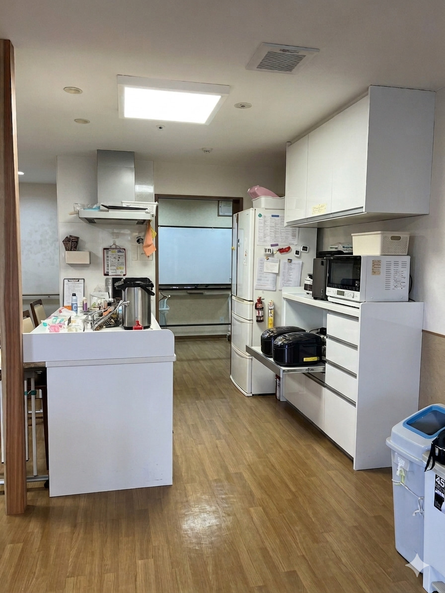 小島サッシトーヨー住器の「見守り」と「安心」を木のぬくもりで繋ぐ。老人ホームのキッチンに施したオーダーメイドの格子壁。の施工前の写真1