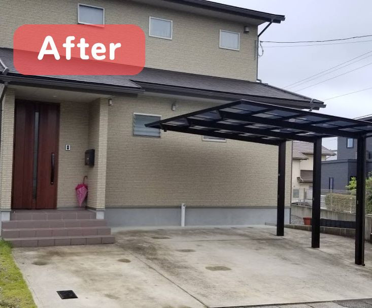 日向トーヨー住器の【日向市】雨の日でも安心!1台用でも開口が広めのカーポート施工例の施工後の写真1