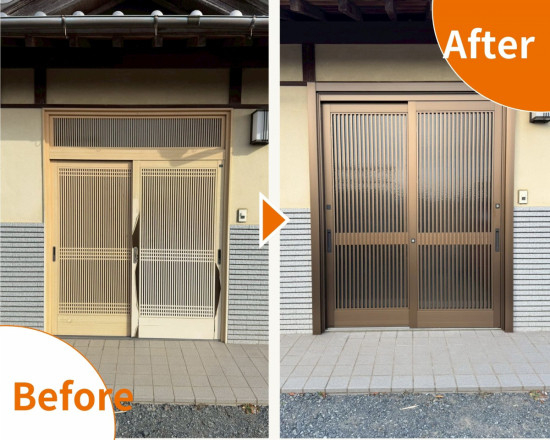 トラス軽金属販売 津島店の玄関引戸を1日でリフォーム｜リシェントで防犯性と高級感を両立｜愛西市施工事例写真1