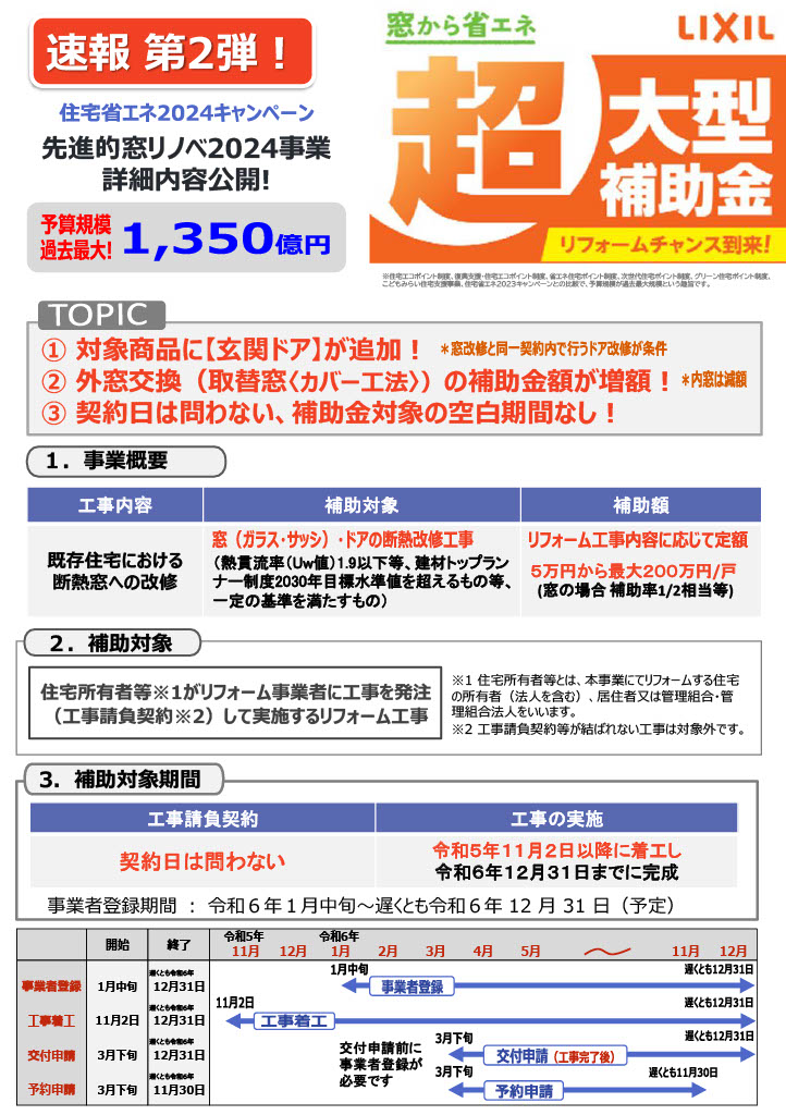 【速報！】第二弾2024年窓リノベ大型補助金の情報出ました！ ダイクマトーヨー住器のイベントキャンペーン 写真1