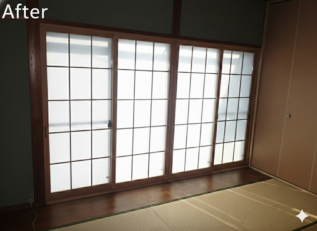 原木工所の和の情緒はそのままに。障子を「断熱ペアガラス」へ変える賢い選択の施工後の写真1