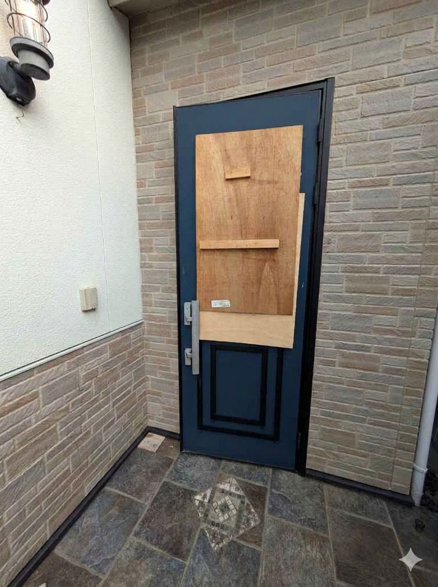 鶴谷トーヨーテックの千葉県　玄関ドアのガラスが割れた！修理から完了までの工程の施工前の写真1