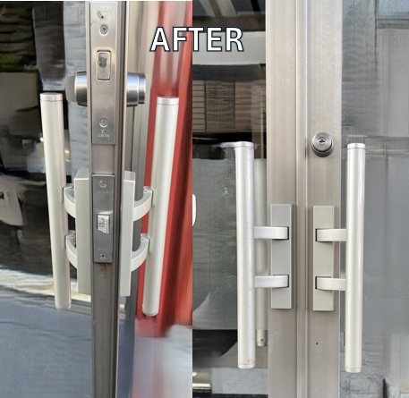 窓お助け隊ホリカワの【春日井市】出入口ドアのバーハンドル取替の施工後の写真1