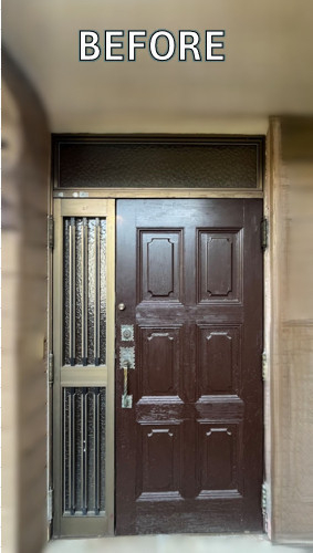 窓お助け隊ホリカワの【尾張旭市】玄関ドアの傾き、下枠の歪みで開閉困難に。リシェント玄関ドアへ取替リフォームの施工前の写真1