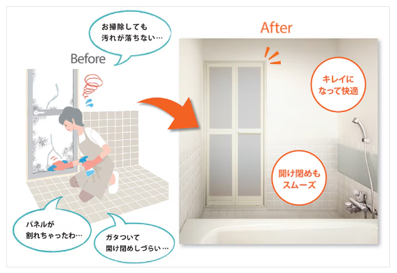 ユーライフの浴室の中折ドアをに取替えました。の施工事例詳細写真1