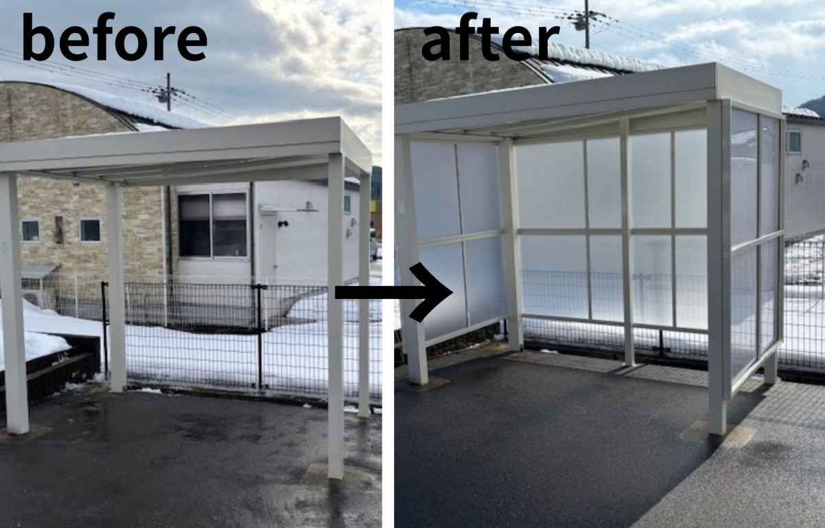 高岡建材 天橋立店の【店舗用駐輪場🚴】テラス囲い追加工事施工事例写真1