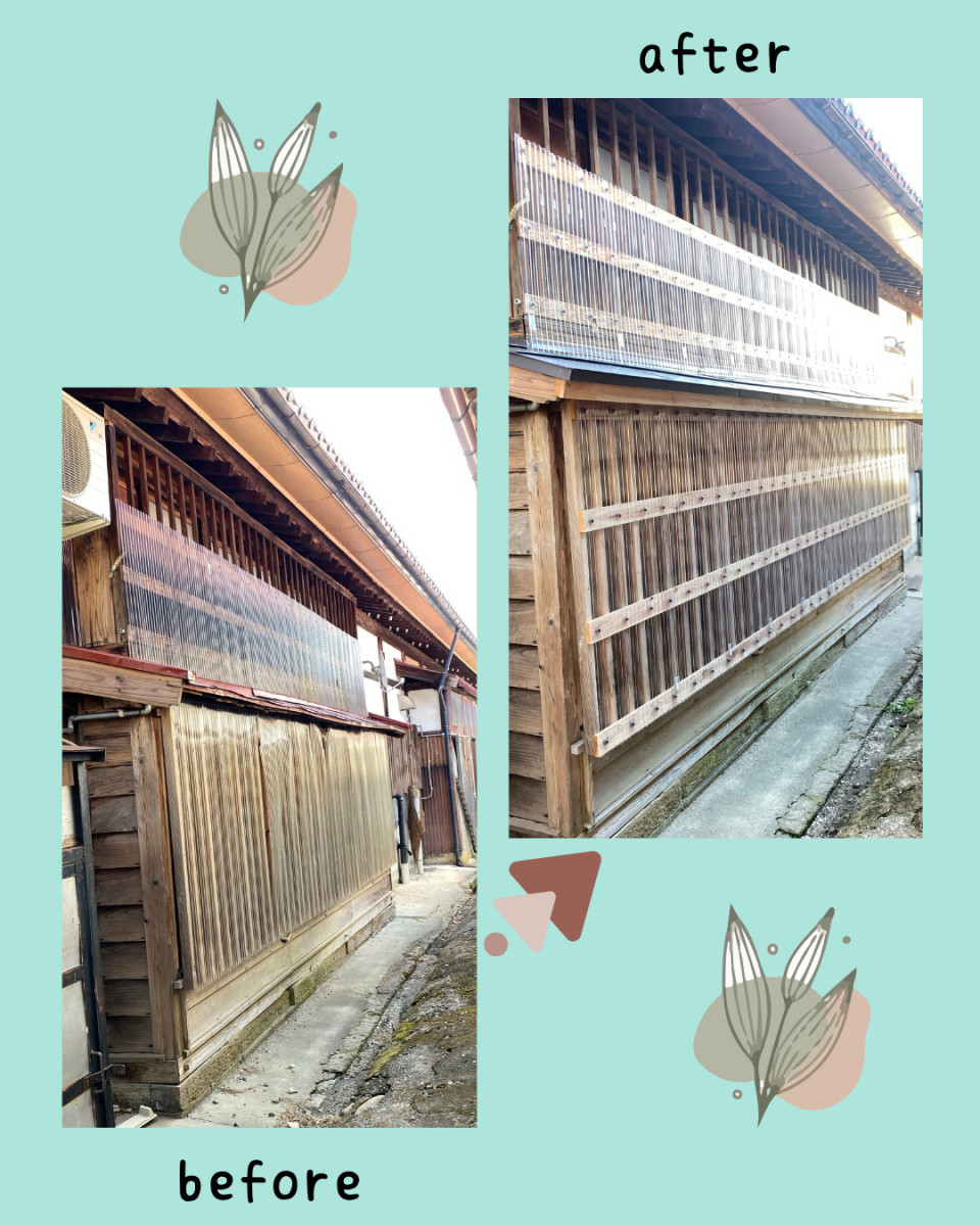 佐藤勘建材の蔵の庇(ひさし)・屋根修復、外壁ポリカ波板張替工事いたしました。の施工前の写真1