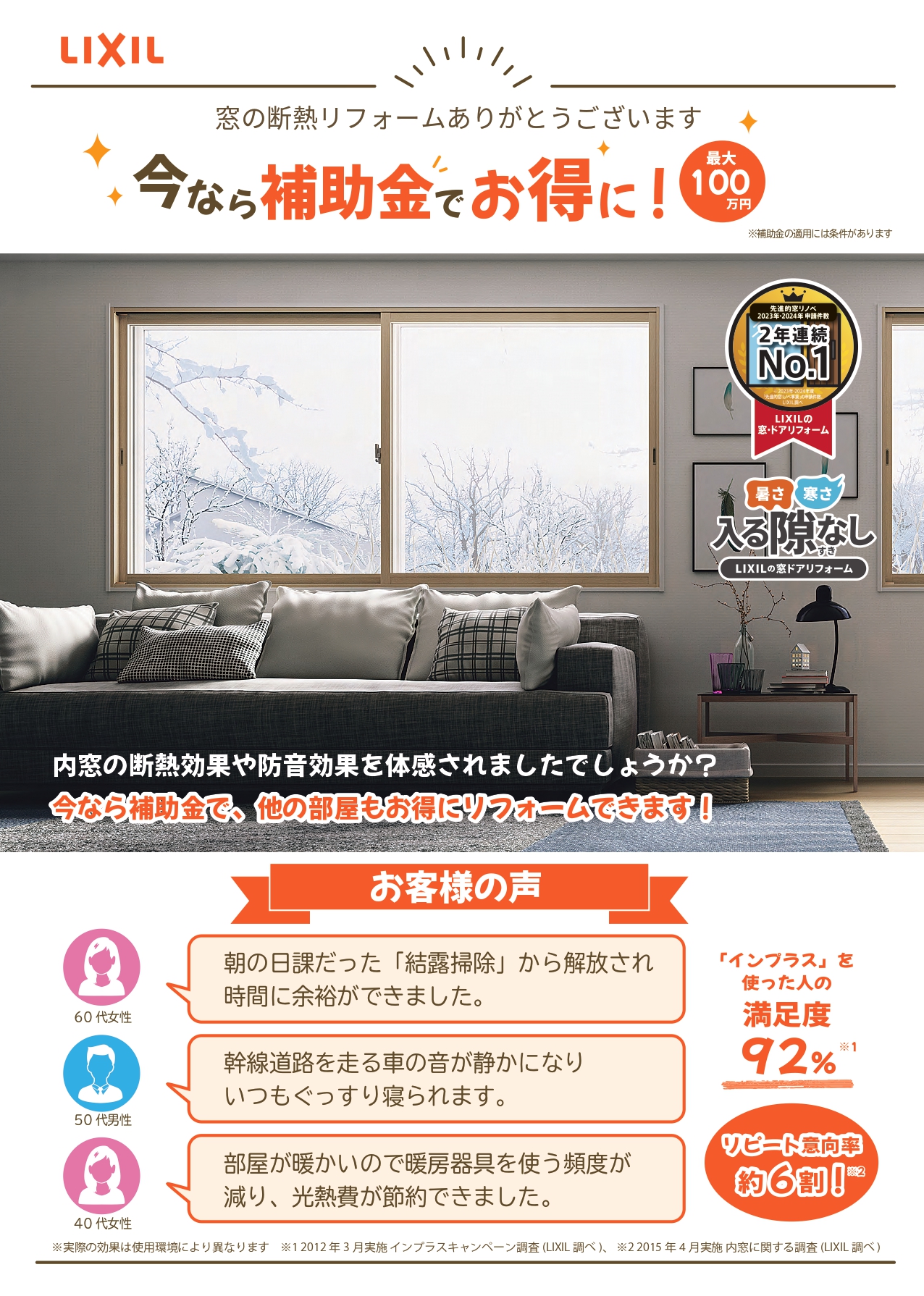 「インプラス」を使った人の満足度　92％　内窓断熱を補助金でお得に！ クリエイトのブログ 写真1