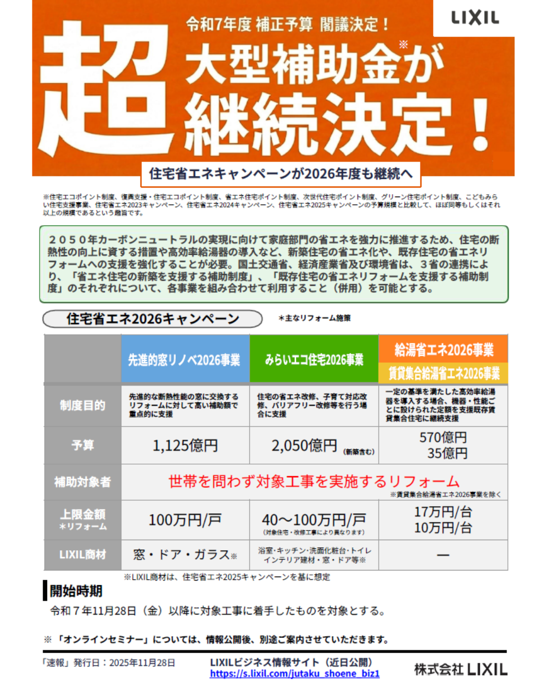 【速報】超大型補助金　先進的窓リノベ2026　継続決定のお知らせ‼️ 山口西京トーヨー住器 岩国営業所のイベントキャンペーン 写真2