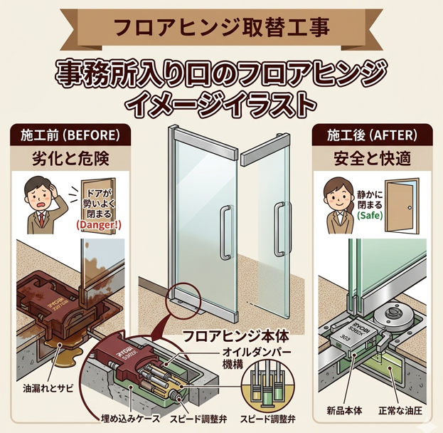 アリックスの【西予市】「バタン！」と閉まるドアが静かに。事務所のフロアヒンジ交換で安全性と快適さを取り戻す！の施工事例詳細写真1